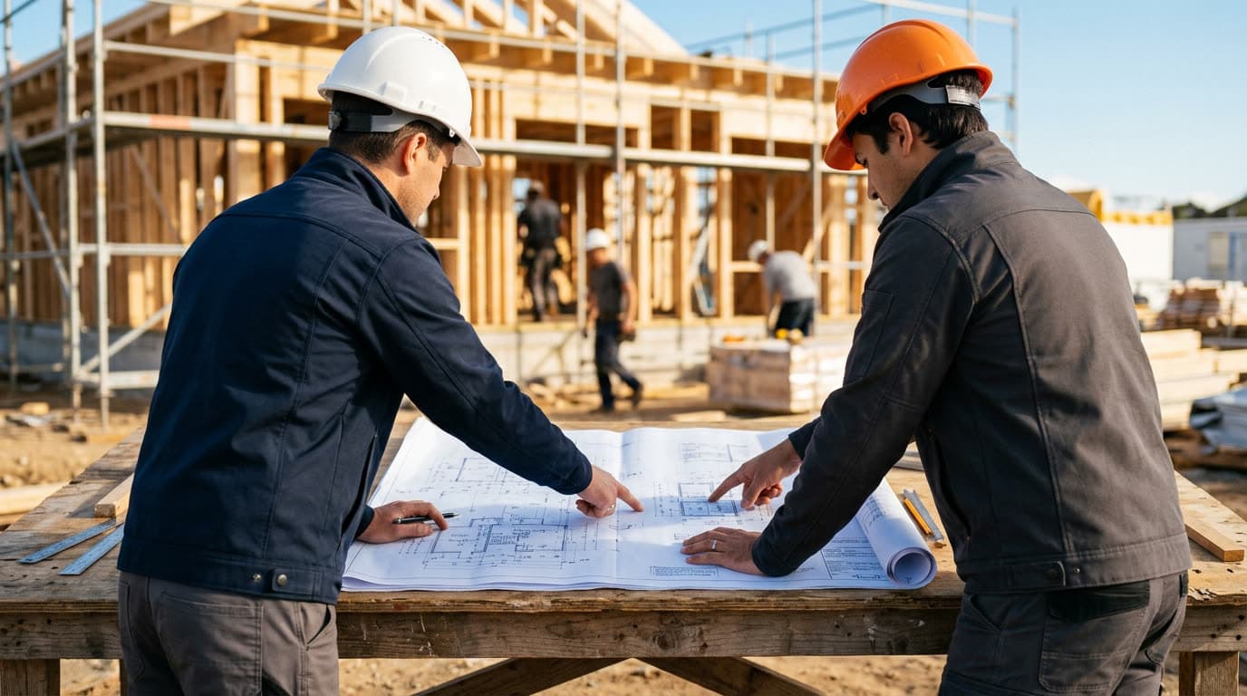 Twee bouwprofessionals van Nieuwland Bouw beoordelen bouwtekeningen op de werkplaats