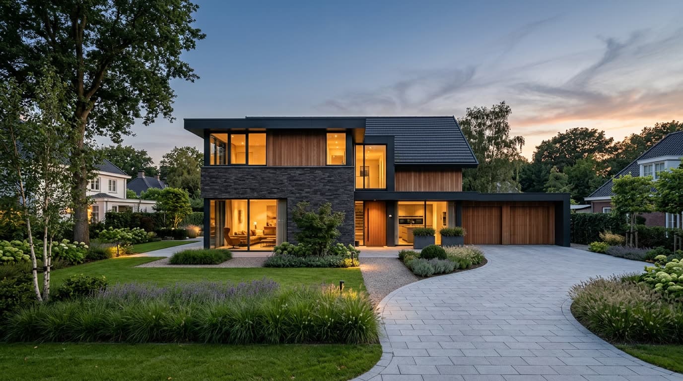 Moderne Nederlandse villa bij schemering als voorbeeld van vakwerk door Nieuwland Bouw