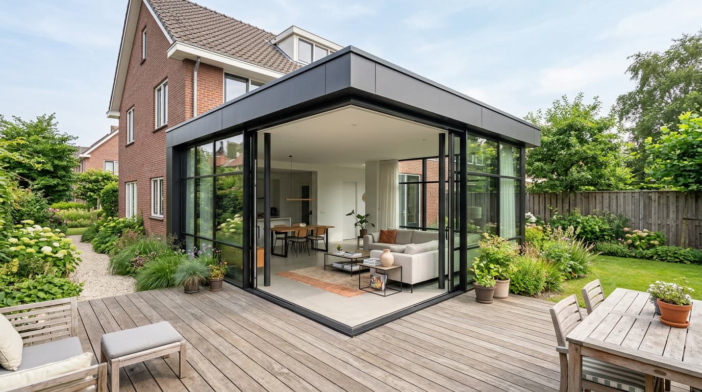Glazen aanbouw met directe aansluiting op de tuin in Zutphen
